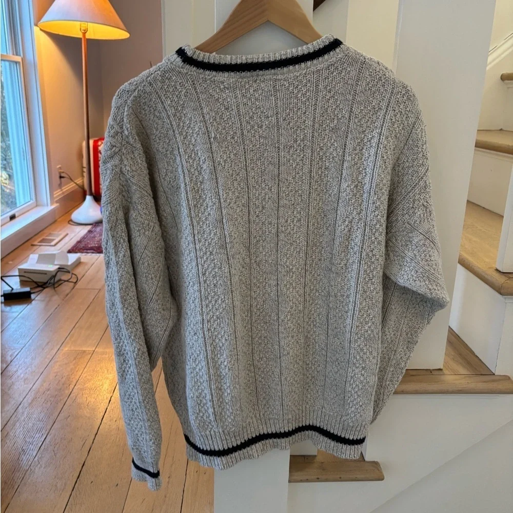 VINTAGE CABLEKNIT SWEATER Men's Vintage Crewneck in Grey with Navy Trim Size XL